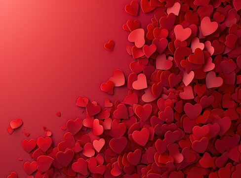  a bunch of red hearts floating in the air on a red background with a space for a text or a picture to put in the center of the image on the left side of the image.