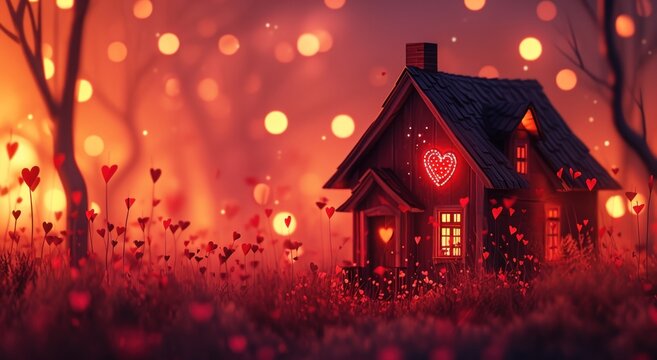  a painting of a house in the middle of a field with a heart on the front of the house and a lot of hearts on the side of the house.