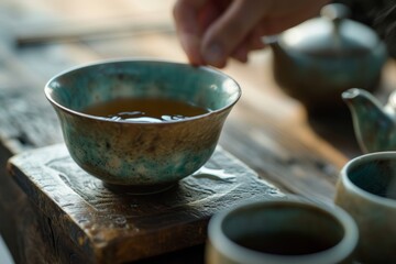 Close up of the serene artistry brewing Chinese tea generative ai
