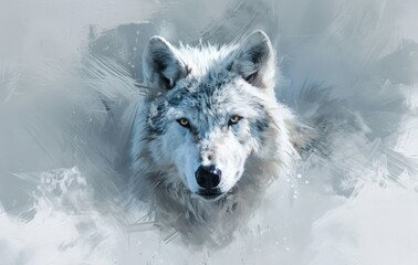  a digital painting of a wolf's face on a white and gray background with a black spot on the left side of the wolf's face and the right side of the wolf's head.