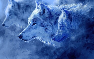  a couple of white wolfs standing next to each other on a blue and white background with a blurry image of the wolf's head in the foreground.