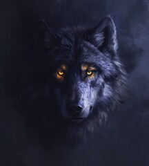  a close up of a wolf's face on a dark background with a yellow light shining on it's eyes and the wolf's head is in the center of the foreground.