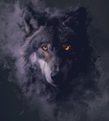  a close up of a wolf's face with smoke coming out of the wolf's mouth and glowing yellow eyes on a dark background with a black background.
