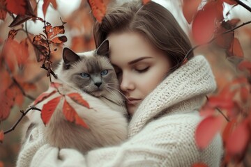  a woman holding a cat in her arms in front of a tree with red leaves and a white sweater with a blue eyed cat on it's chest, in the foreground.