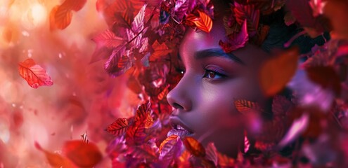  a woman's face is surrounded by a group of pink and orange leaves, as if in the form of a woman's head with her eyes closed.