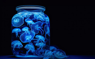 Big glass jar full of magical shiny neon blue jellyfishes 