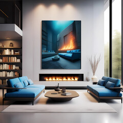 Blue sofa against concrete wall with fireplace and book shelves. Loft home interior design of modern living room