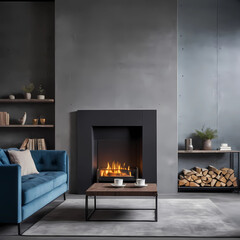 In the modern living room's loft home interior design, a blue sofa is positioned against a concrete wall, complemented by a fireplace and bookshelves