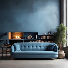 Blue sofa against concrete wall with fireplace and book shelves. Loft home interior design of modern living room  