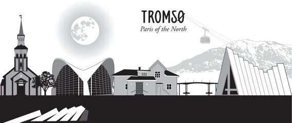 Vector illustration of the cityscape skyline of Tromsø, Norway - obrazy, fototapety, plakaty