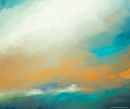 Impressionistic Cloud Seascape at Sunrise or Sunset with Teal, Bright Orange Art, Digital Painting, Artwork, Design, Illustration