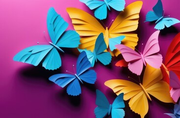 Zero Discrimination Day, colorful paper butterflies, rainbow coloring, paper cutouts, pink background - obrazy, fototapety, plakaty