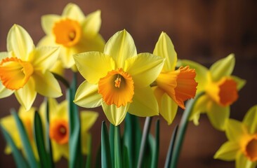 St. Davids Day, International Womens Day, Mothers Day, spring flowers, bouquet of yellow daffodils, brown background