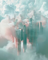  illustration of a futuristic city in the clouds with a blue sky. A surreal composition featuring a levitating cityscape made entirely of ethereal clouds, mirroring a dream-like quality.