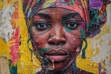 A vibrant and thought-provoking modern portrait of a woman, intricately crafted with a fusion of street art and traditional painting techniques using bold strokes of acrylic paint