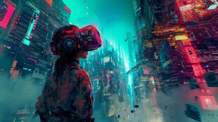 Young woman wearing virtual reality goggles in futuristic city. A surreal cyberpunk landscape with a central focus on a girl wearing virtual reality gear.