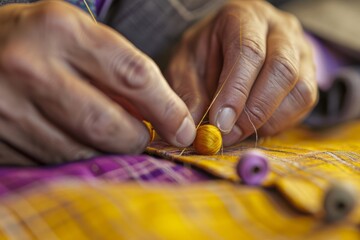 Obraz premium Close-up of a tailor's hands sewing a button onto a stylish suit jacket, with spools of thread and needles nearby 