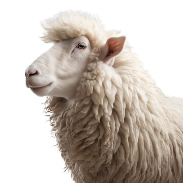 sheep profile in close-up frame on isolated white background