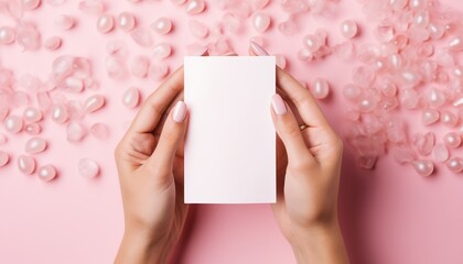 Elegant woman s hands holding blank magazine on pink background, perfect for mockup design template.