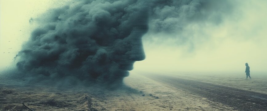 person in the field facing his fears resembles as a human head shaped smoke