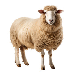 sheep looks into the frame at full length on an isolated white background
