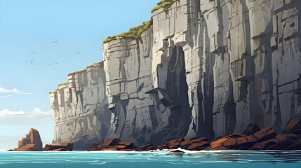 Eternal Stand: An imposing depiction of eroded cliffs set against the vibrant hues of the ocean and sky