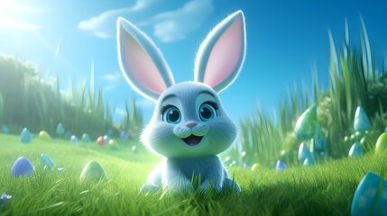 Fototapeta premium Easter bunny in the grass with blue eggs.