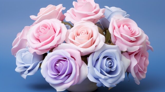 a bouquet of pink and blue roses in a white vase on a blue background with room for text or image.