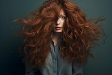 Fototapeta premium A women with vibrant, flowing auburn hair against a serene teal backdrop, embodying freedom and natural beauty.