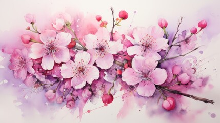  a painting of a bunch of pink flowers on a white background with a splash of watercolor on the bottom of the image.