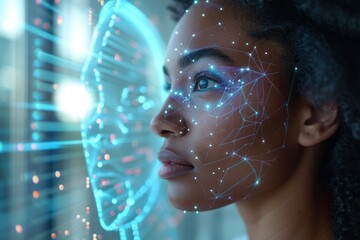 Woman's profile enhanced by a digital facial recognition interface, with glowing nodes and lines mapping her features against a backdrop of genetic data