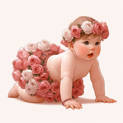 A baby wearing a flowered skirt