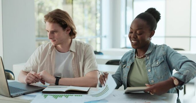 Laptop, team and students studying at university, learning statistics or data. Computer, man and woman in college together, diversity of happy friends in preparation for test and education in class