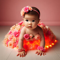 A baby wearing a flowered skirt