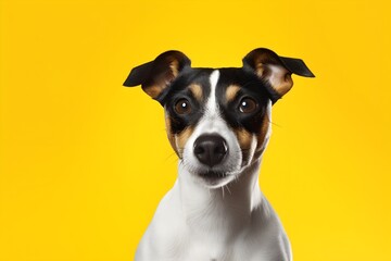 Portrait of a Jack Russell Terrier dog on a yellow background.