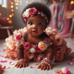A baby wearing a flowered skirt