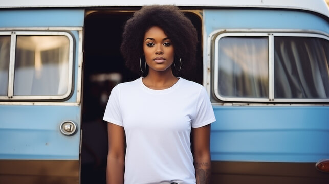 Black Woman Wearing White Tshirt On A Blue Vintage Caravan Background