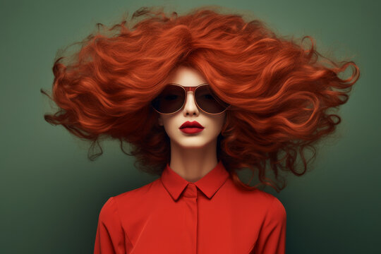 Trend setter. Fashionable woman enveloped in a cascade of vibrant red curls, exudes confidence and style against a contrasting teal backdrop.