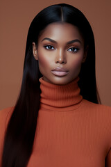  Portrait of a beautiful dark skinned mocha melanin complexion african american model features like spice. 