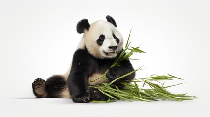 Fototapeta premium a panda bear sitting on the ground with a bunch of grass in it's mouth and looking at the camera.