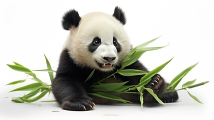 a panda bear sitting on top of a lush green leafy plant next to it's face and mouth.