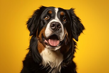 Portrait of a Bernese mountain dog on a yellow background, copy space.