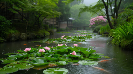 Japanese river with koi carp and water lilies - Rainy day