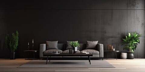 a contemporary black living room in an empty apartment. - obrazy, fototapety, plakaty
