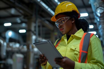 Dark-skinned female service engineer in uniform and safety helmet inspects HVAC systems at a factory using a tablet for production checks generative ai