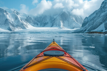 kayaking on a sea kayak against the backdrop of arctic shores - Powered by Adobe