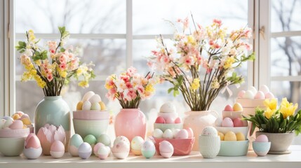  a window sill filled with vases filled with eggs and flowers next to a window sill filled with fake flowers.