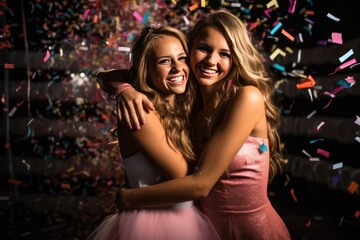 young girls at high school prom with confetti looking happy. Best friends smiling at graduation student after party. 