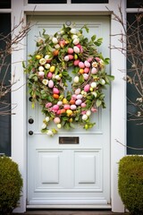 Fototapeta na wymiar eco pink green colors spring easter wreath decor with greenery on pastel white blue door of suburban house