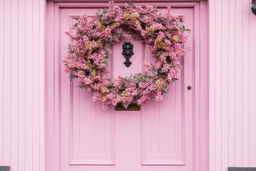 eco spring easter wreath decor on pink door of suburban house trendy decoration closeup